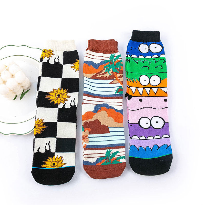 Socks Female Tube Socks Black and White Cartoon