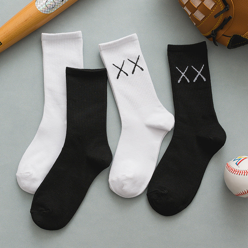 Black And White Solid Color Socks, Women's Tube Socks, Sports Cotton Socks Stockings