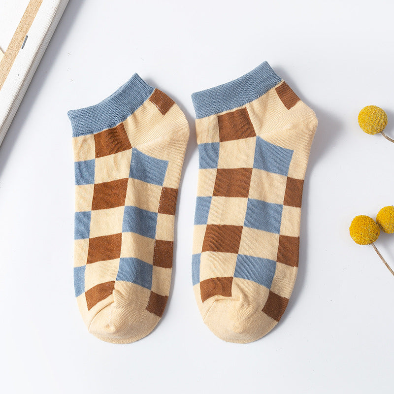 Cute Student Socks Plaid Sweet Blue Boat Socks Cotton College