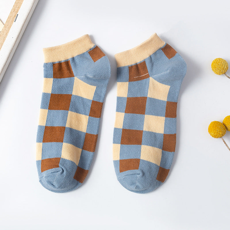 Cute Student Socks Plaid Sweet Blue Boat Socks Cotton College