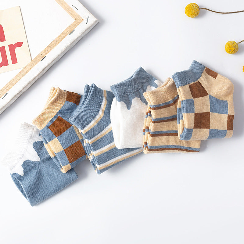 Cute Student Socks Plaid Sweet Blue Boat Socks Cotton College
