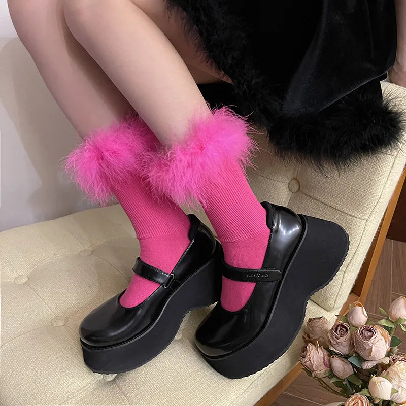 Pink Women Fur Socks Jk Lolita Middle Tube Socks Feather Kawaii Japanese Cotton Funny Cute Pile Socks Cosplay Party Accessories