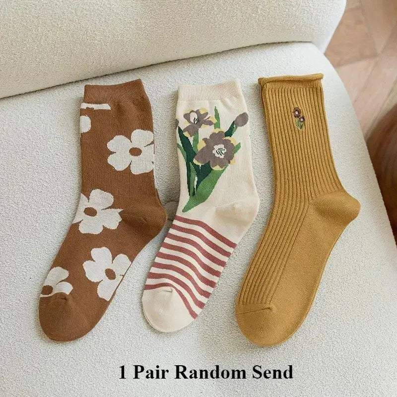 Pink Socks Embroidery Flower Harajuku Retro Vintage Women Socks College Style High School Girls Japanese Kawaii Cute Long Socks