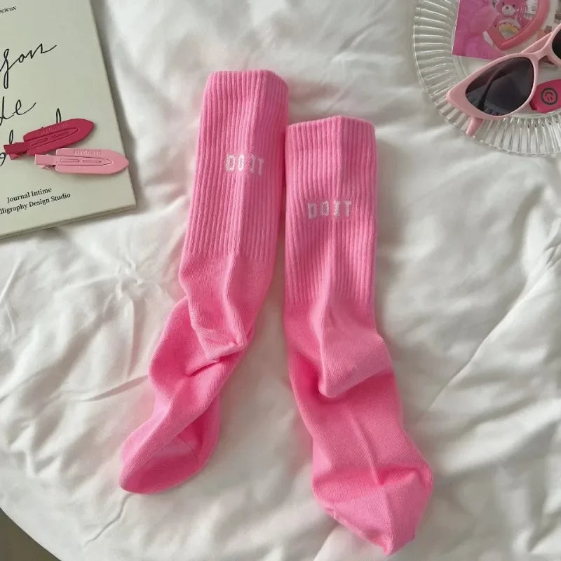 Pink Socks Women's Spring and Autumn Style Mid-tube Socks Ins Outside Wear Cotton Bottoming High Waist Letter Sports Stockings