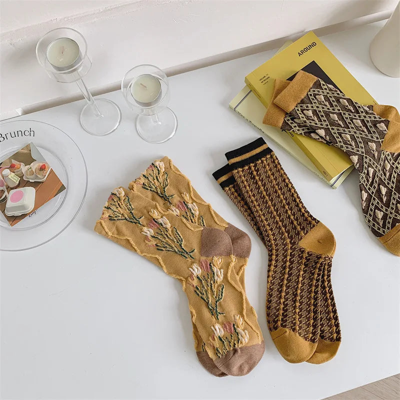 Pink Socks Embroidery Flower Harajuku Retro Vintage Women Socks College Style High School Girls Japanese Kawaii Cute Long Socks