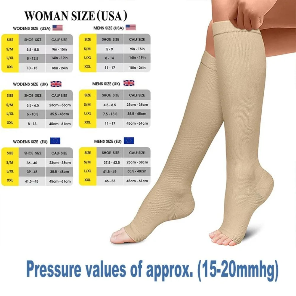 Medical Compression Socks Open Toe S/M/L/XL/XXL Sports Compression Socks Black Knee High Compress Socks For Women & Men