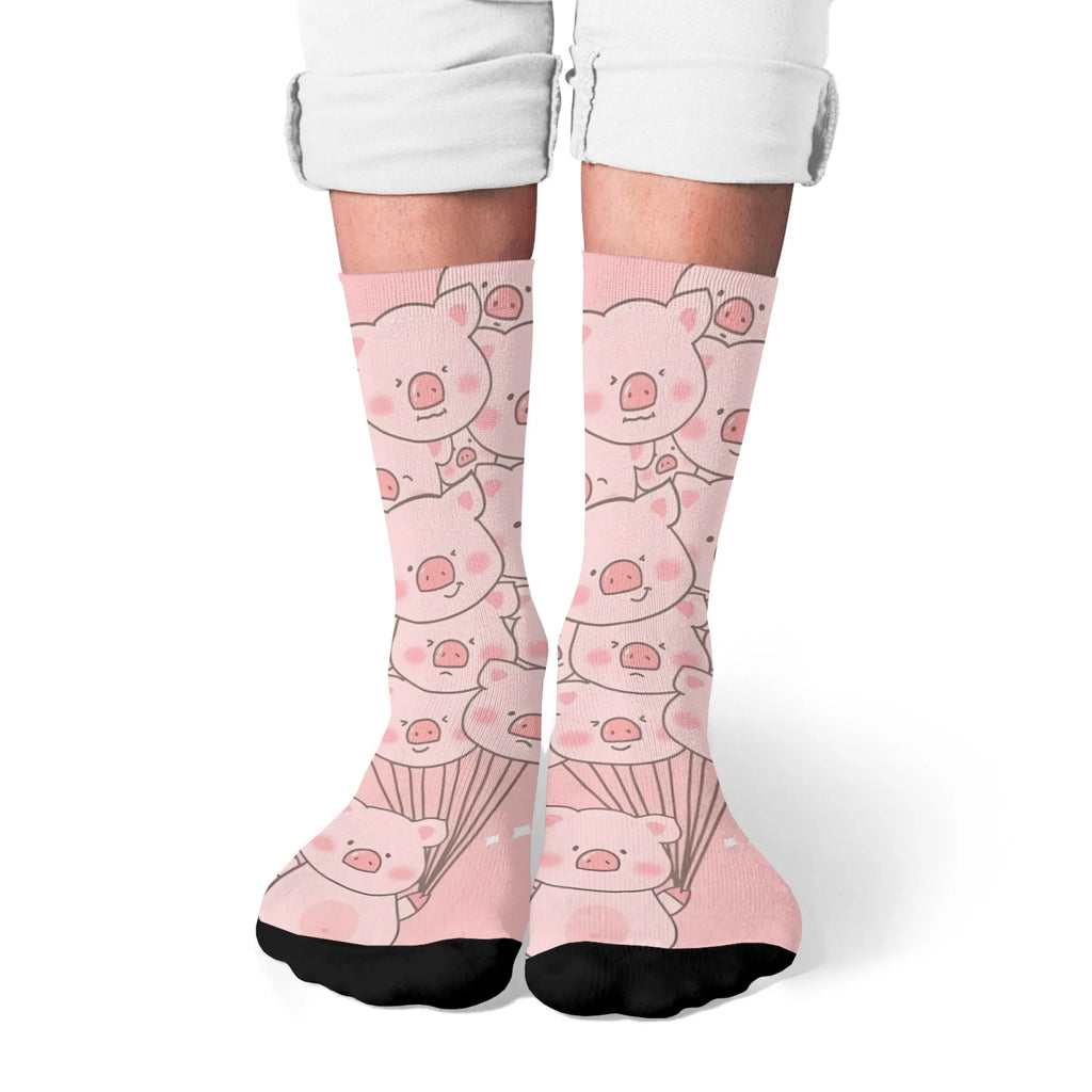 Fun and trendy pink cute pig print retro Harajuku style women's socks non-slip breathable basketball socks novelty gift