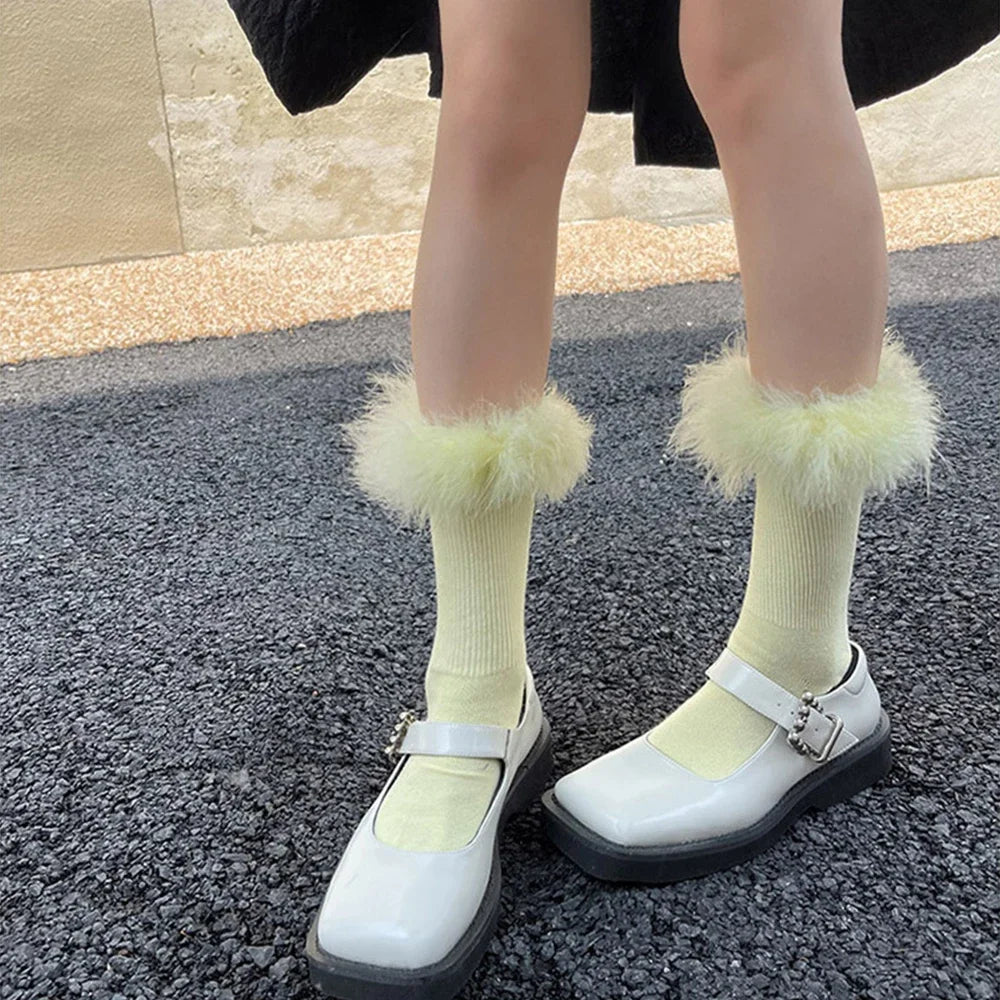Pink Women Fur Socks Jk Lolita Middle Tube Socks Feather Kawaii Japanese Cotton Funny Cute Pile Socks Cosplay Party Accessories