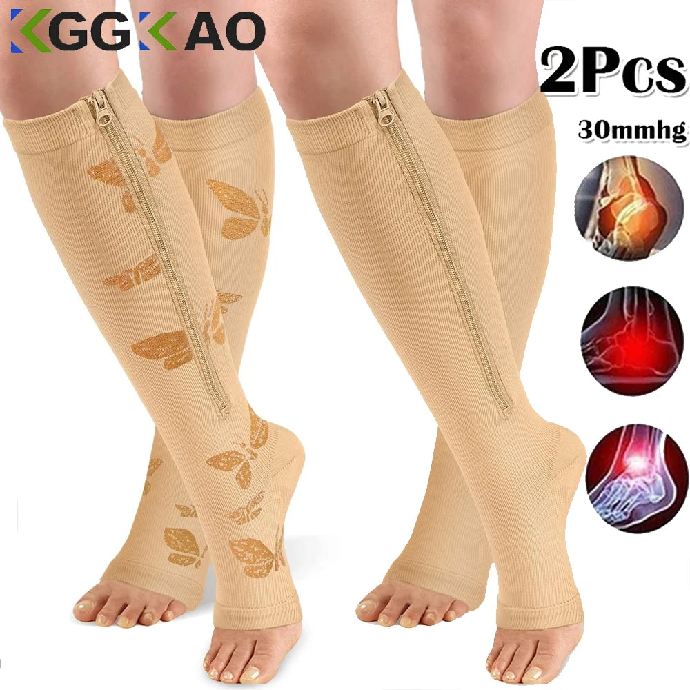 Zipper Compression Socks for Women and Men-1 Pair Open Toe Toeless Compression Socks for Walking,Running,Medical