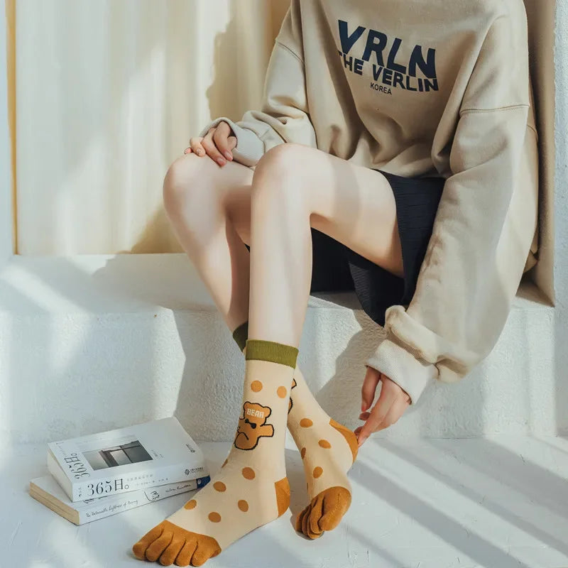 Cotton Boot Socks Women Women Autumn And Winter Five Finger Socks Pure Cotton Toe Socks Print Winter Warm Socks Christmas Gift