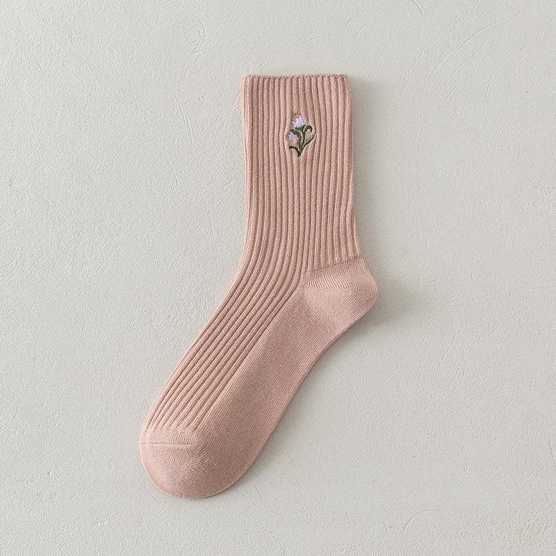 Pink Socks Embroidery Flower Harajuku Retro Vintage Women Socks College Style High School Girls Japanese Kawaii Cute Long Socks