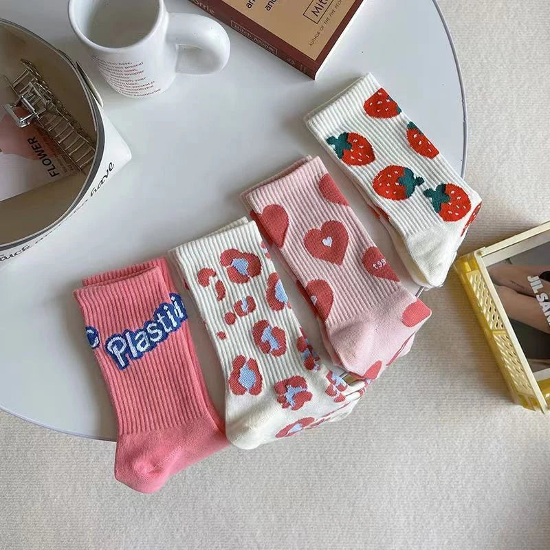 Pink Socks Women's Spring Trend Versatile Mid Tube Socks Love Letter Cute Kawaii Long Socks Ins Trendy Outwear Women's Socks