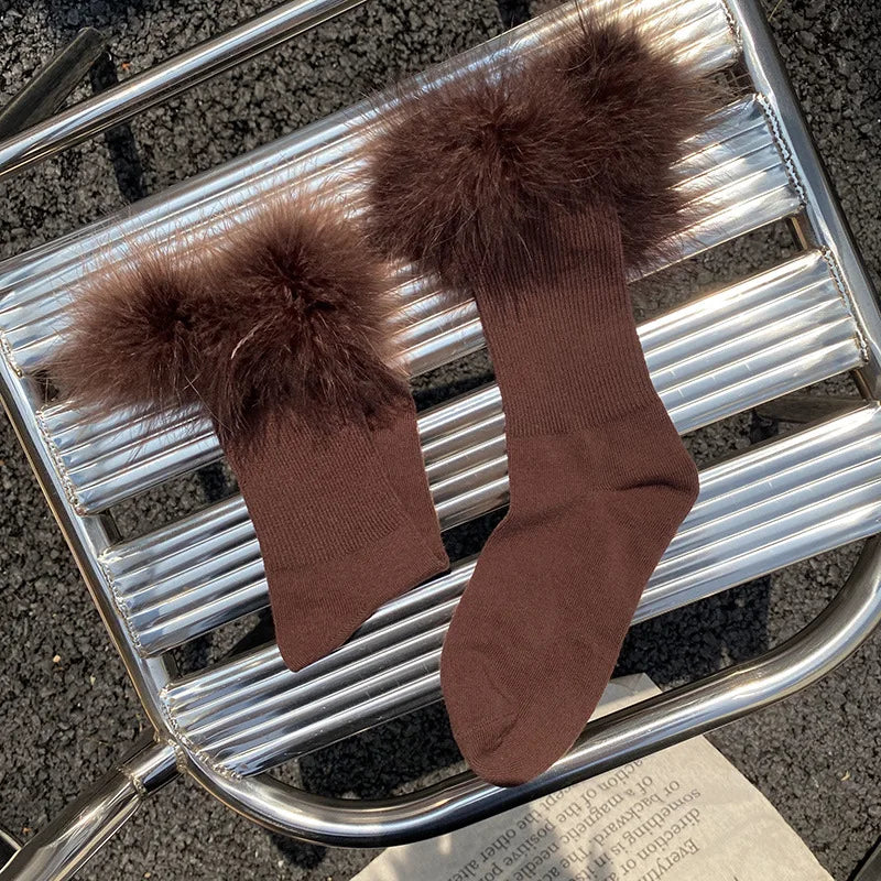 Pink Women Fur Socks Jk Lolita Middle Tube Socks Feather Kawaii Japanese Cotton Funny Cute Pile Socks Cosplay Party Accessories