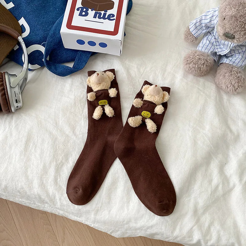 Net red socks cute bear three-dimensional doll socks accessory socks Hipster socks Solid color pile socks Dongdaemun Korean sock