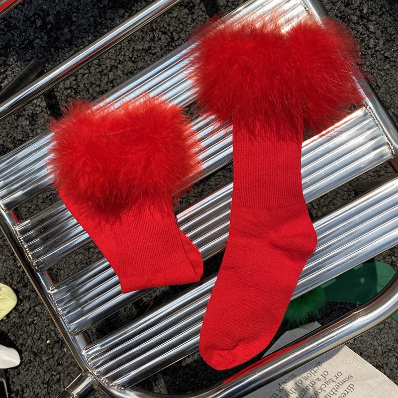 Pink Women Fur Socks Jk Lolita Middle Tube Socks Feather Kawaii Japanese Cotton Funny Cute Pile Socks Cosplay Party Accessories