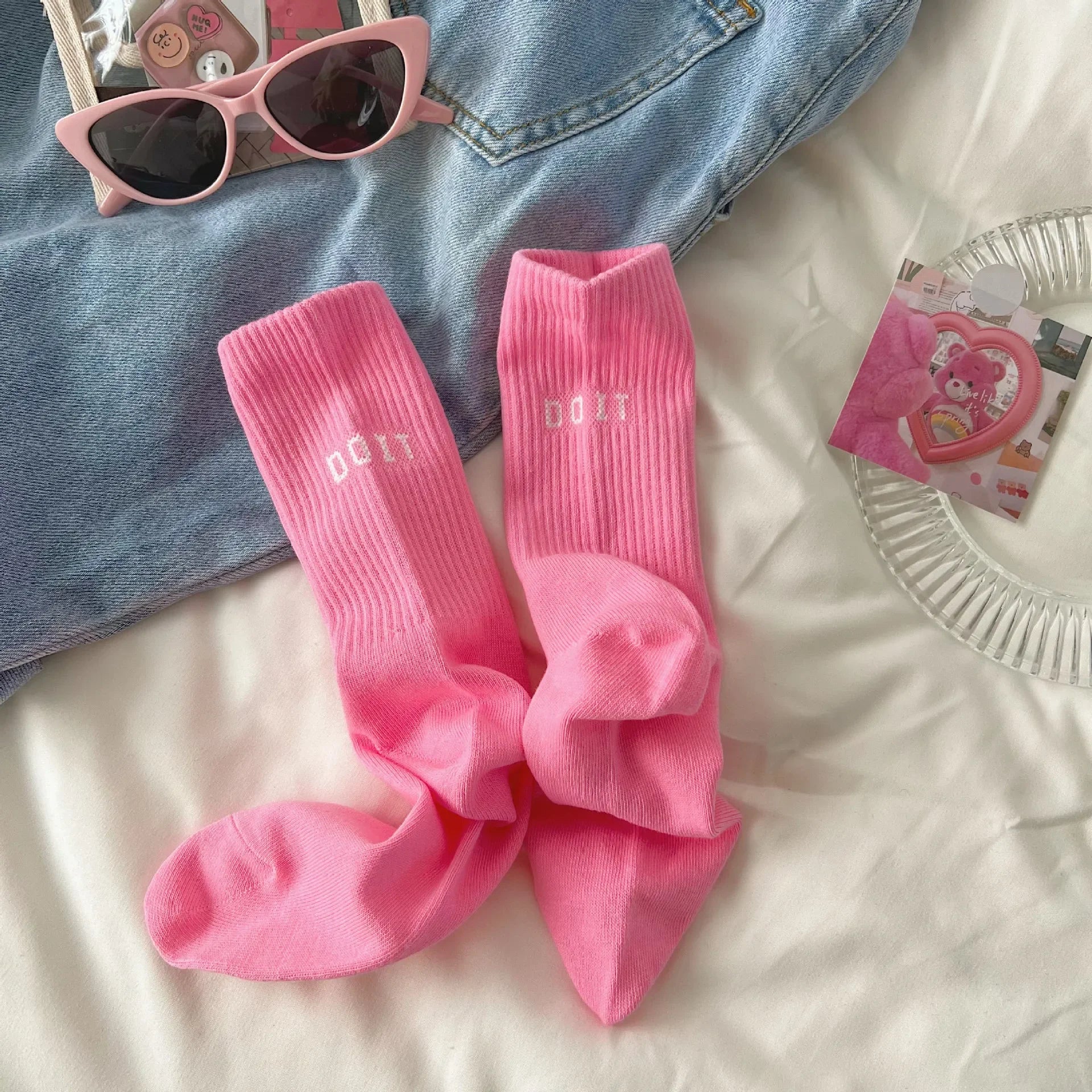 Pink Socks Women's Spring and Autumn Style Mid-tube Socks Ins Outside Wear Cotton Bottoming High Waist Letter Sports Stockings