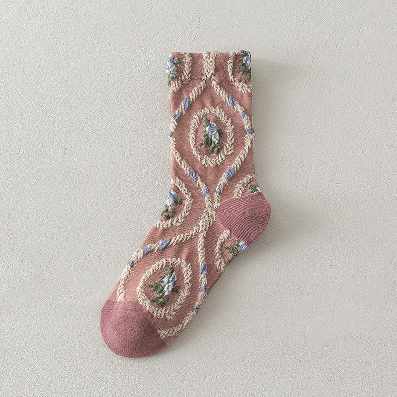 Pink Socks Embroidery Flower Harajuku Retro Vintage Women Socks College Style High School Girls Japanese Kawaii Cute Long Socks