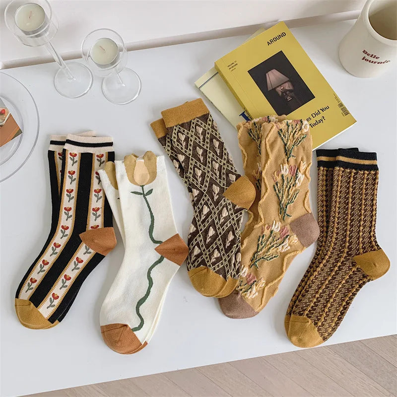 Pink Socks Embroidery Flower Harajuku Retro Vintage Women Socks College Style High School Girls Japanese Kawaii Cute Long Socks