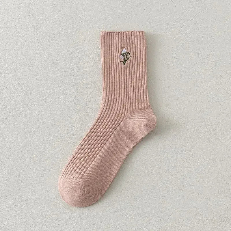 Pink Socks Embroidery Flower Harajuku Retro Vintage Women Socks College Style High School Girls Japanese Kawaii Cute Long Socks