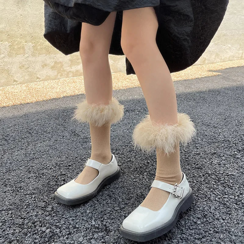 Pink Women Fur Socks Jk Lolita Middle Tube Socks Feather Kawaii Japanese Cotton Funny Cute Pile Socks Cosplay Party Accessories
