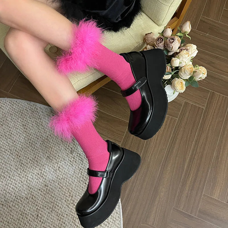 Pink Women Fur Socks Jk Lolita Middle Tube Socks Feather Kawaii Japanese Cotton Funny Cute Pile Socks Cosplay Party Accessories