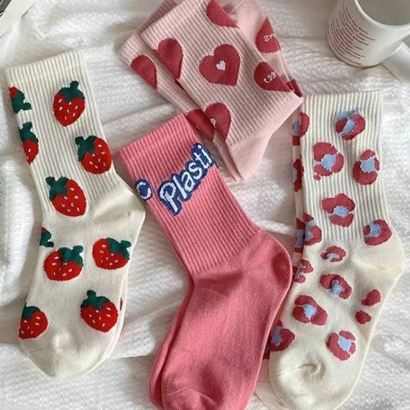 Pink Socks Women's Spring Trend Versatile Mid Tube Socks Love Letter Cute Kawaii Long Socks Ins Trendy Outwear Women's Socks