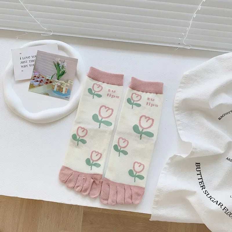 Cotton Boot Socks Women Women Autumn And Winter Five Finger Socks Pure Cotton Toe Socks Print Winter Warm Socks Christmas Gift
