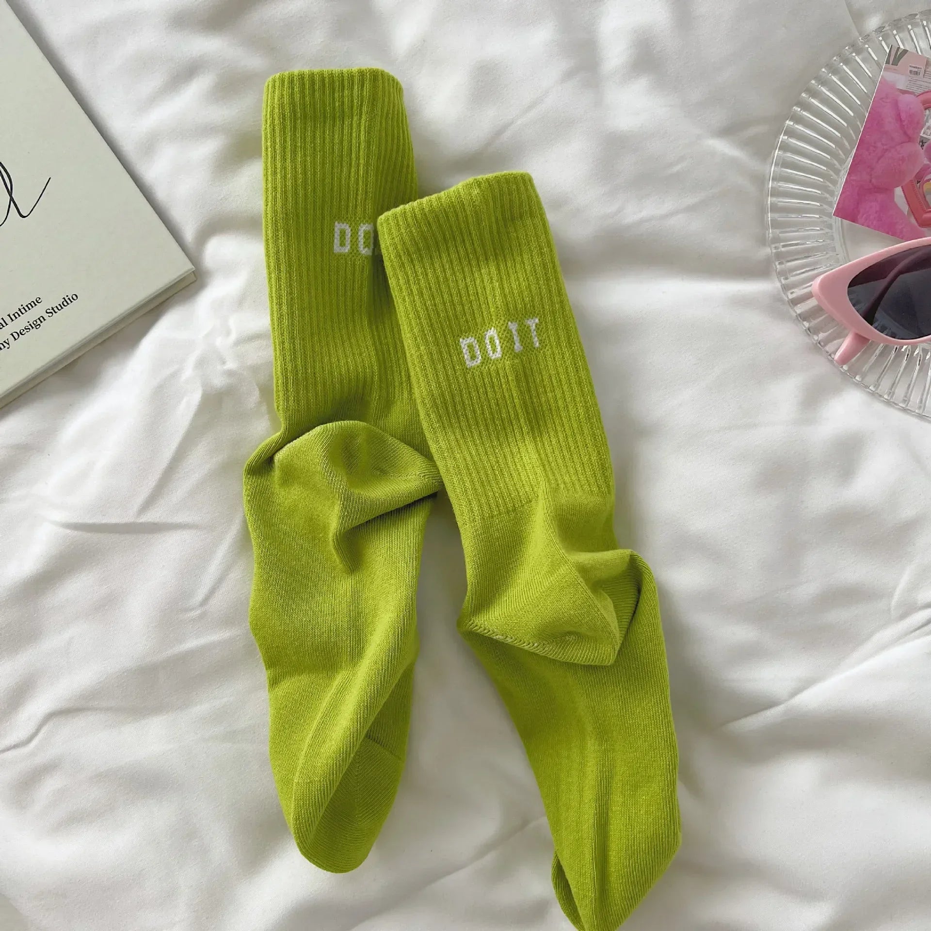 Pink Socks Women's Spring and Autumn Style Mid-tube Socks Ins Outside Wear Cotton Bottoming High Waist Letter Sports Stockings