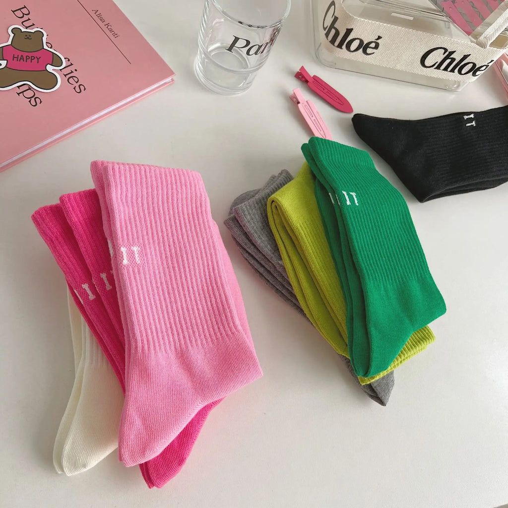 Pink Socks Women's Spring and Autumn Style Mid-tube Socks Ins Outside Wear Cotton Bottoming High Waist Letter Sports Stockings