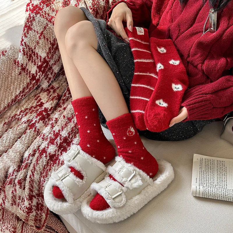 Red New Year Socks for Autumn and Winter Women Thick and Warm Midsole Snow Boots Plush Sleep Socks