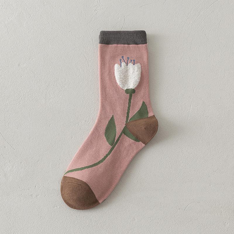 Pink Socks Embroidery Flower Harajuku Retro Vintage Women Socks College Style High School Girls Japanese Kawaii Cute Long Socks