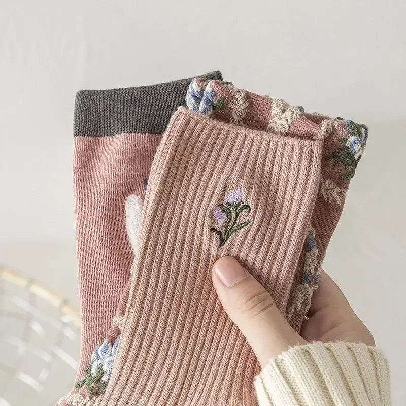 Pink Socks Embroidery Flower Harajuku Retro Vintage Women Socks College Style High School Girls Japanese Kawaii Cute Long Socks