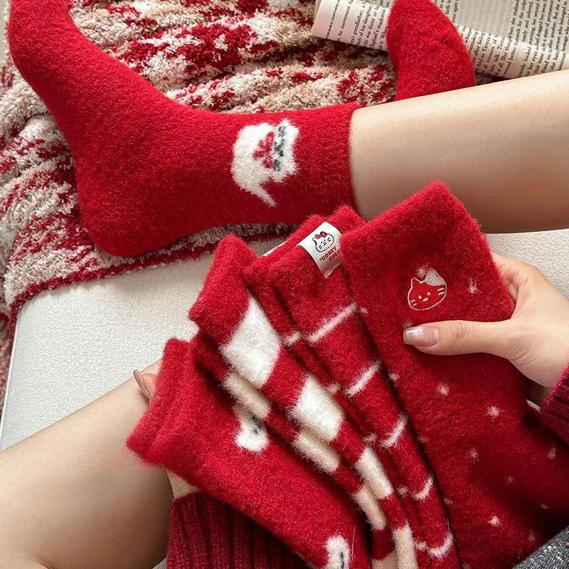 Red New Year Socks for Autumn and Winter Women Thick and Warm Midsole Snow Boots Plush Sleep Socks