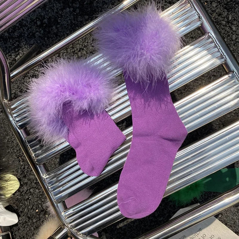 Pink Women Fur Socks Jk Lolita Middle Tube Socks Feather Kawaii Japanese Cotton Funny Cute Pile Socks Cosplay Party Accessories