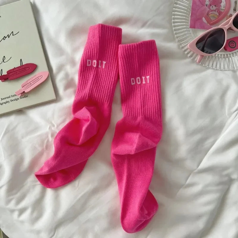 Pink Socks Women's Spring and Autumn Style Mid-tube Socks Ins Outside Wear Cotton Bottoming High Waist Letter Sports Stockings