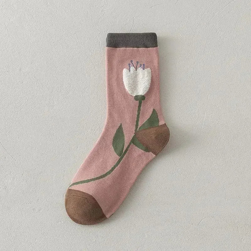 Pink Socks Embroidery Flower Harajuku Retro Vintage Women Socks College Style High School Girls Japanese Kawaii Cute Long Socks