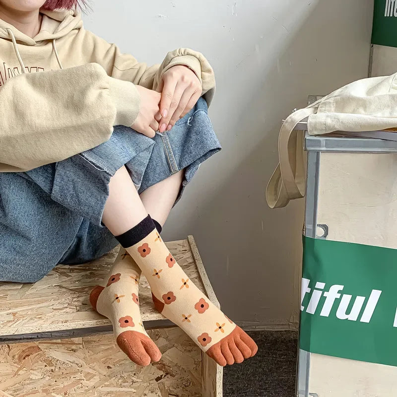 Cotton Boot Socks Women Women Autumn And Winter Five Finger Socks Pure Cotton Toe Socks Print Winter Warm Socks Christmas Gift