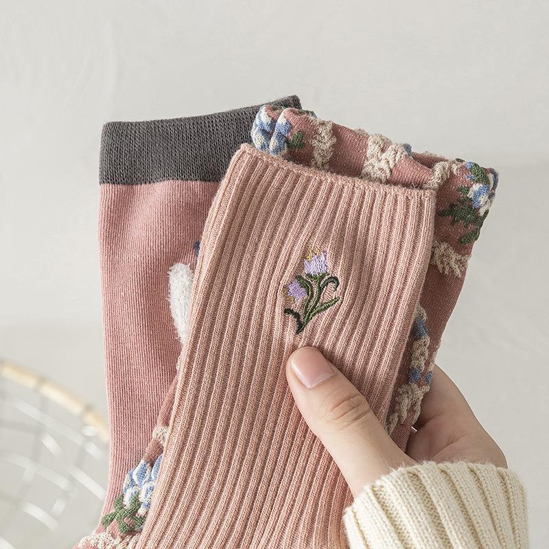 Pink Socks Embroidery Flower Harajuku Retro Vintage Women Socks College Style High School Girls Japanese Kawaii Cute Long Socks