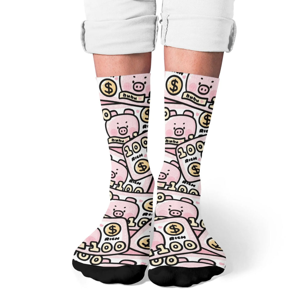 Fun and trendy pink cute pig print retro Harajuku style women's socks non-slip breathable basketball socks novelty gift