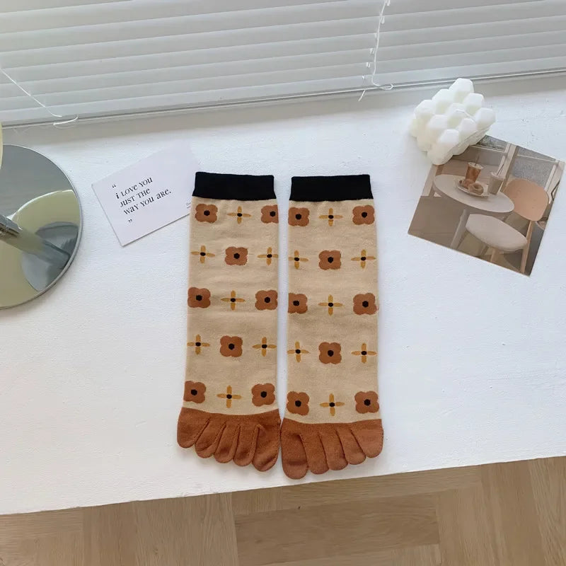 Cotton Boot Socks Women Women Autumn And Winter Five Finger Socks Pure Cotton Toe Socks Print Winter Warm Socks Christmas Gift