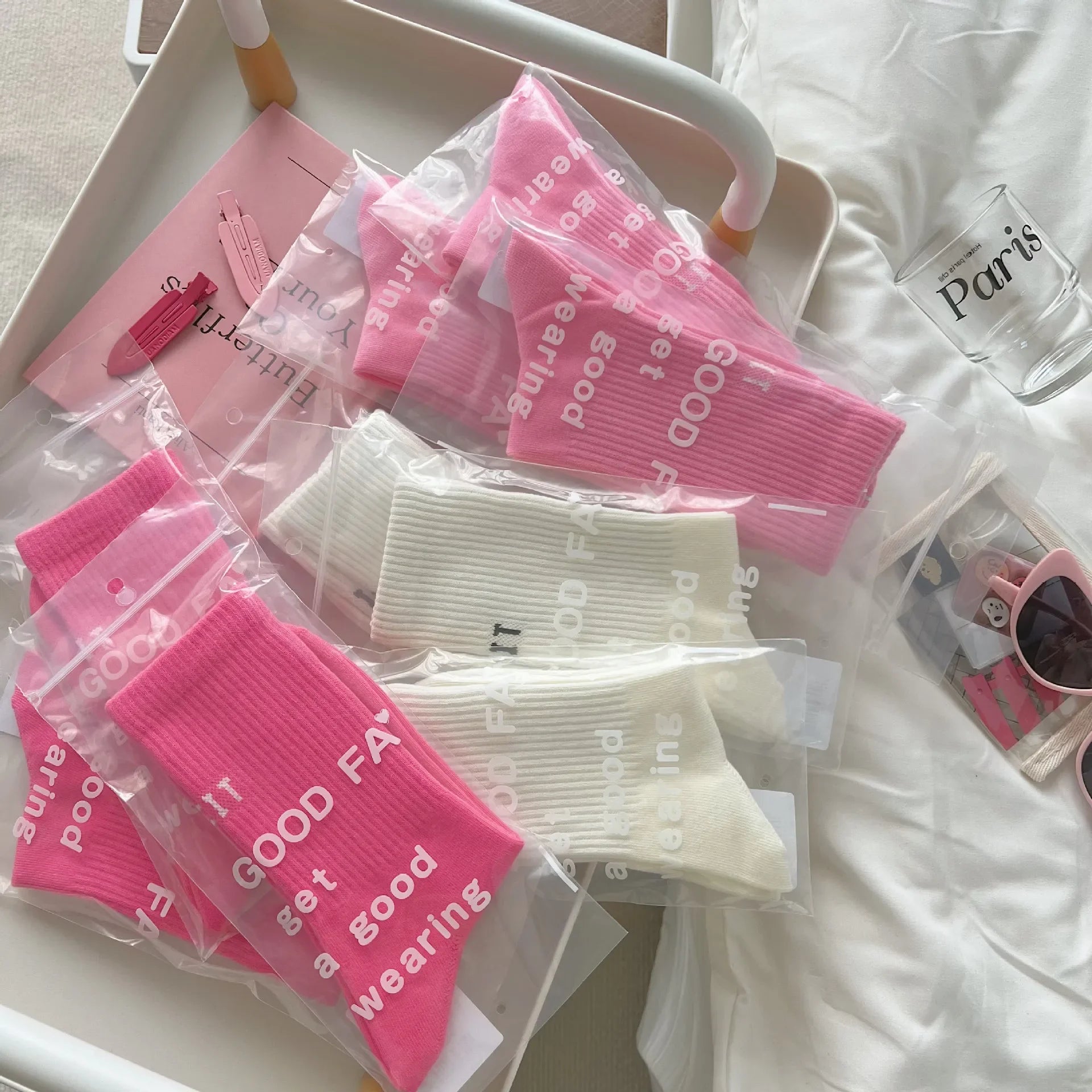Pink Socks Women's Spring and Autumn Style Mid-tube Socks Ins Outside Wear Cotton Bottoming High Waist Letter Sports Stockings