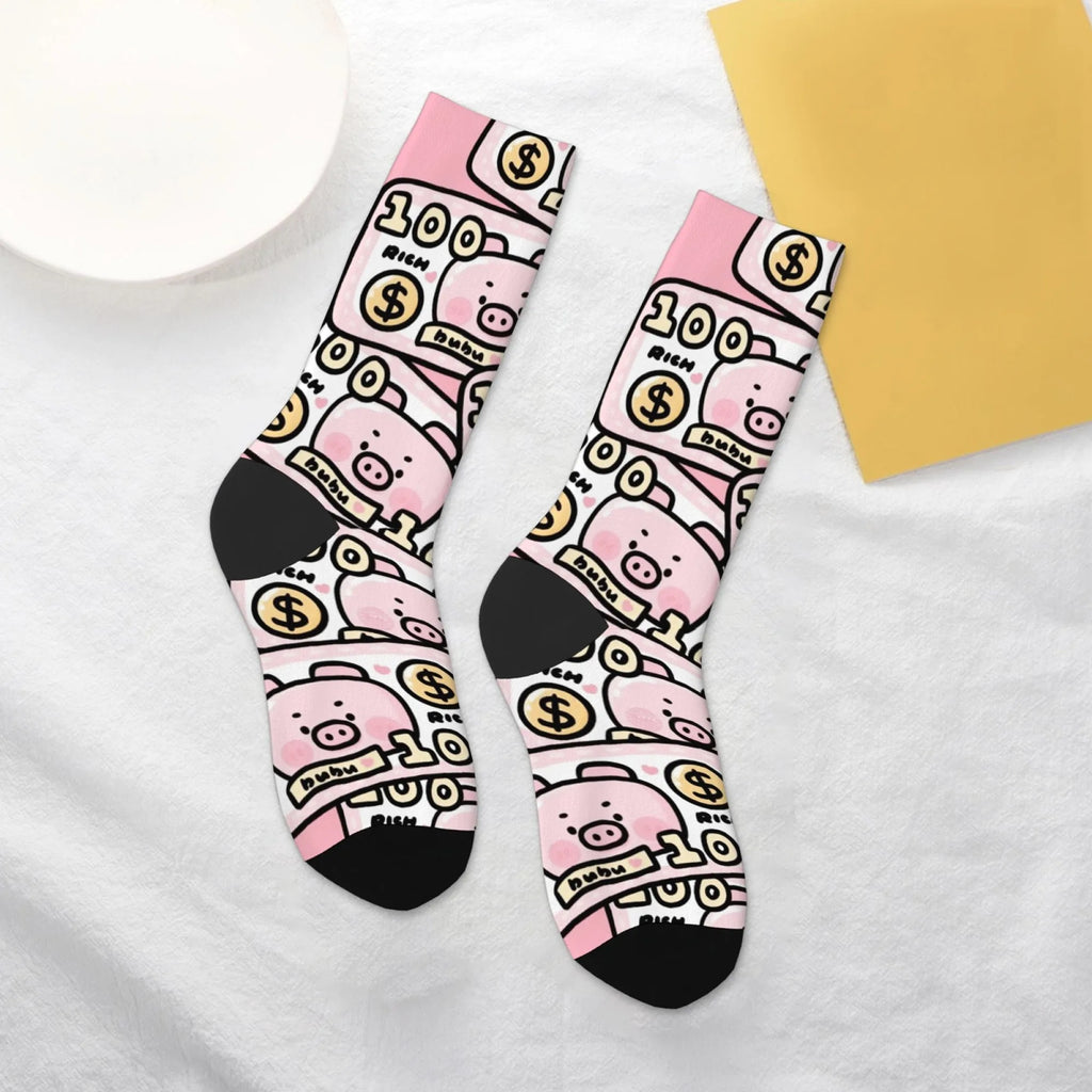 Fun and trendy pink cute pig print retro Harajuku style women's socks non-slip breathable basketball socks novelty gift