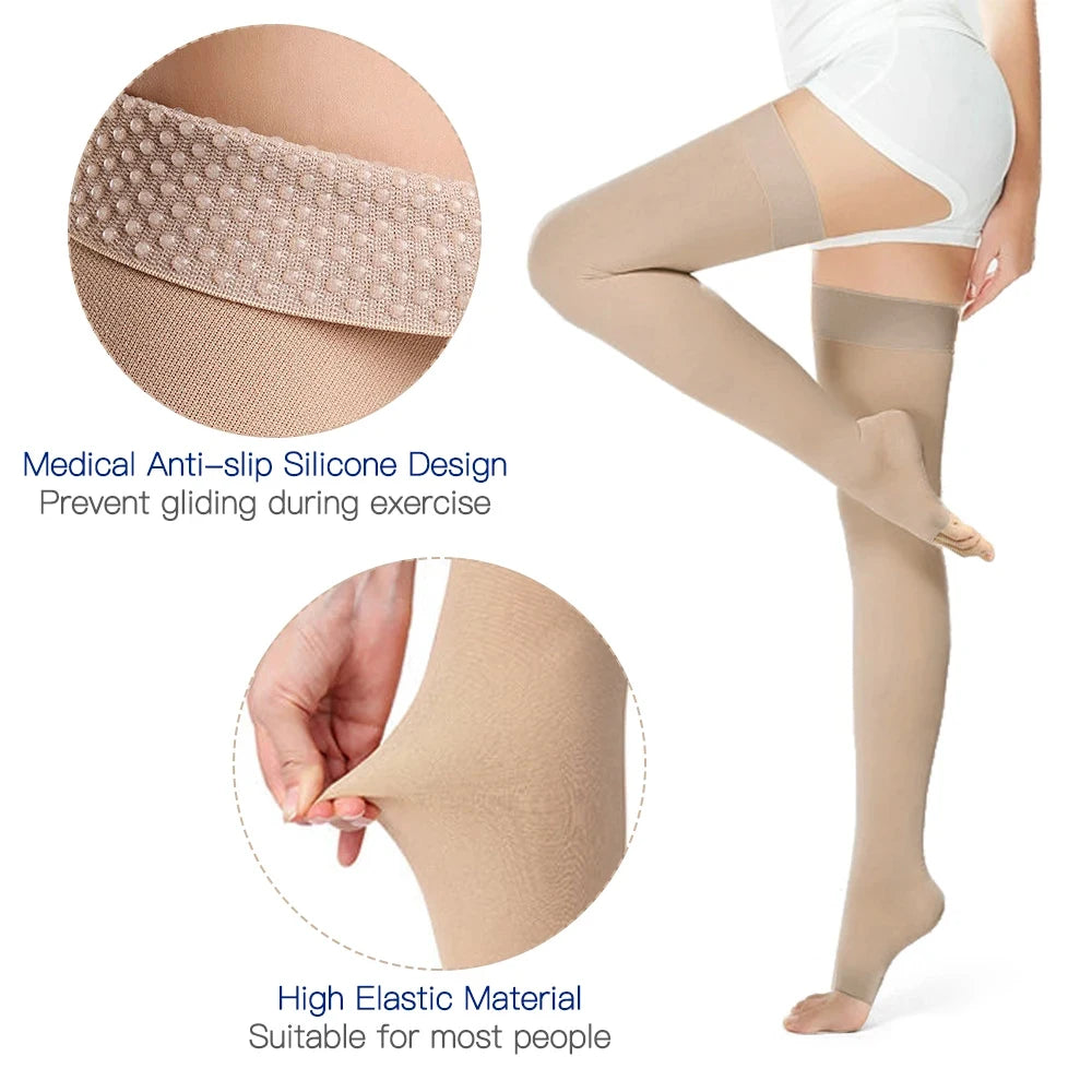 1Pair Thigh High Compression Socks,Firm Support 20-30 mmHg Gradient Compression Stockings with Silicone Band. for Varicose Veins