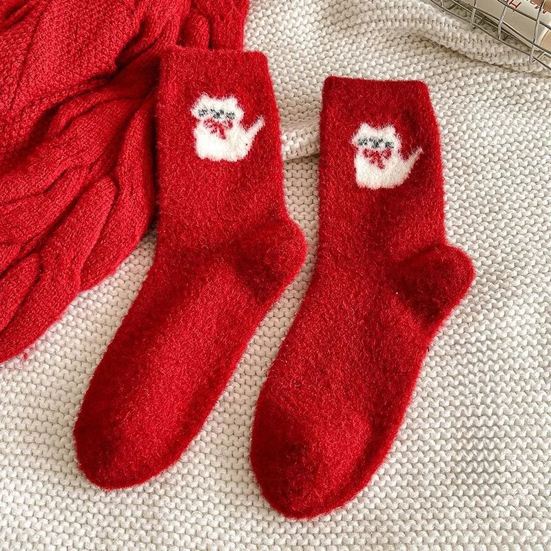 Red New Year Socks for Autumn and Winter Women Thick and Warm Midsole Snow Boots Plush Sleep Socks