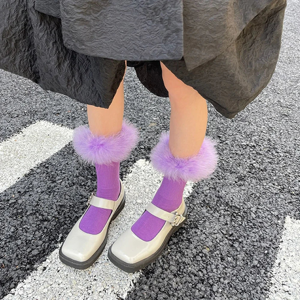 Pink Women Fur Socks Jk Lolita Middle Tube Socks Feather Kawaii Japanese Cotton Funny Cute Pile Socks Cosplay Party Accessories