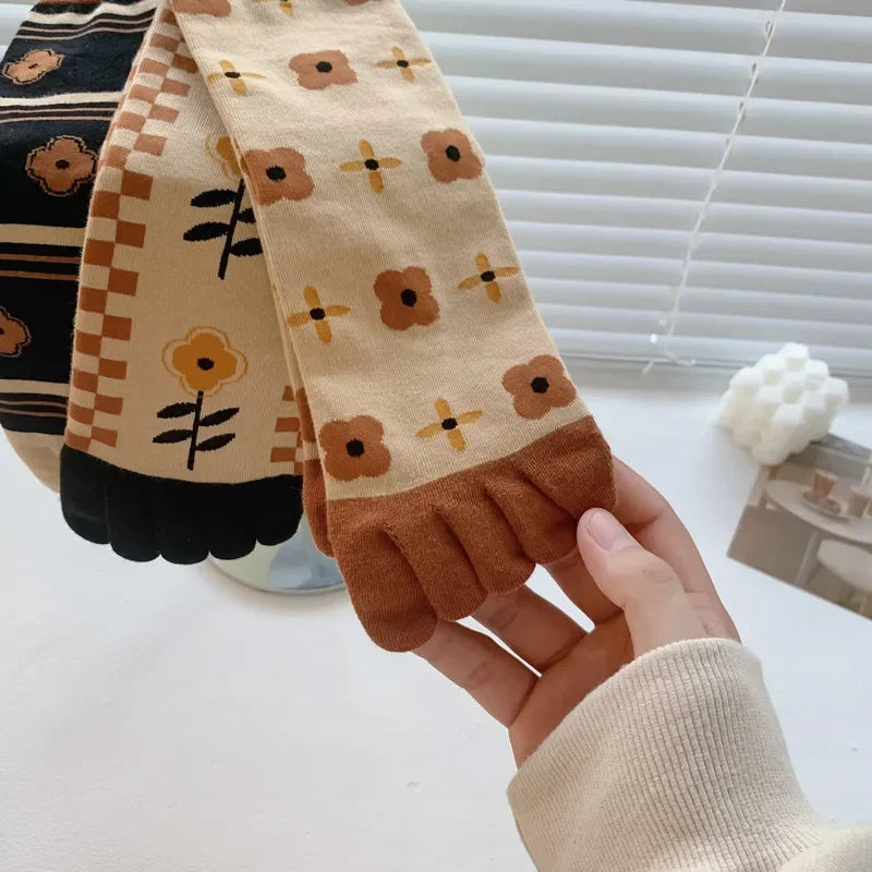 Cotton Boot Socks Women Women Autumn And Winter Five Finger Socks Pure Cotton Toe Socks Print Winter Warm Socks Christmas Gift
