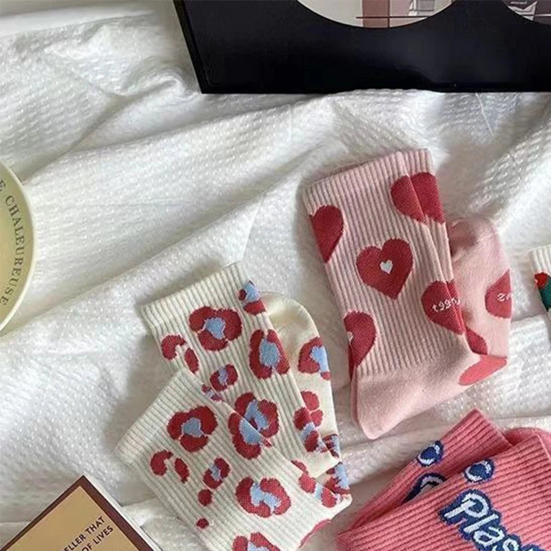 Pink Socks Women's Spring Trend Versatile Mid Tube Socks Love Letter Cute Kawaii Long Socks Ins Trendy Outwear Women's Socks