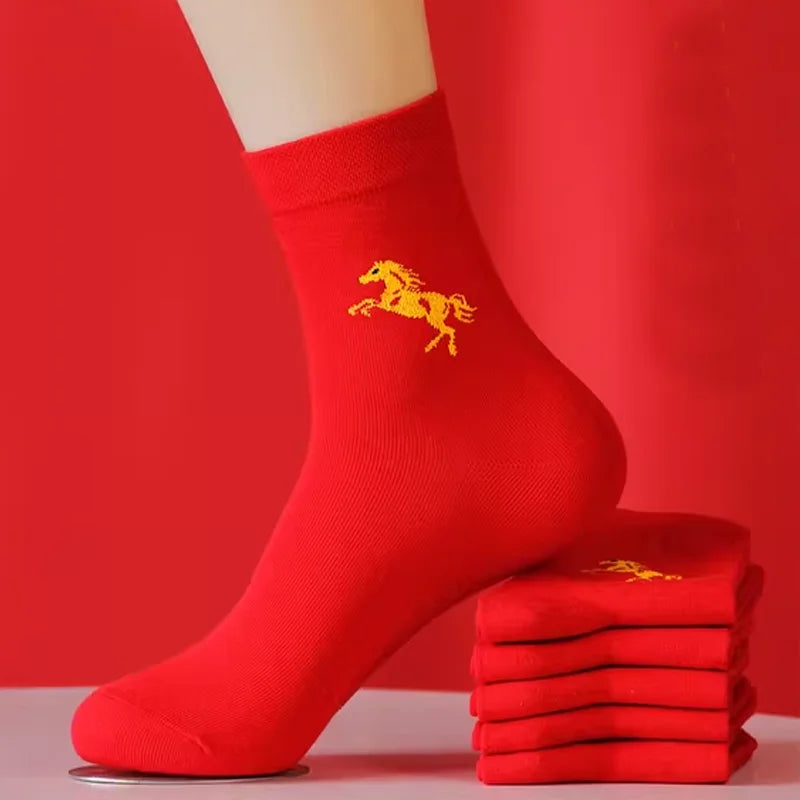 2026 Zodiac Year Red Socks for Men and Women Big Red Midsole Pure Cotton Horse Year Lucky Socks New Year Wear Sock Gifts