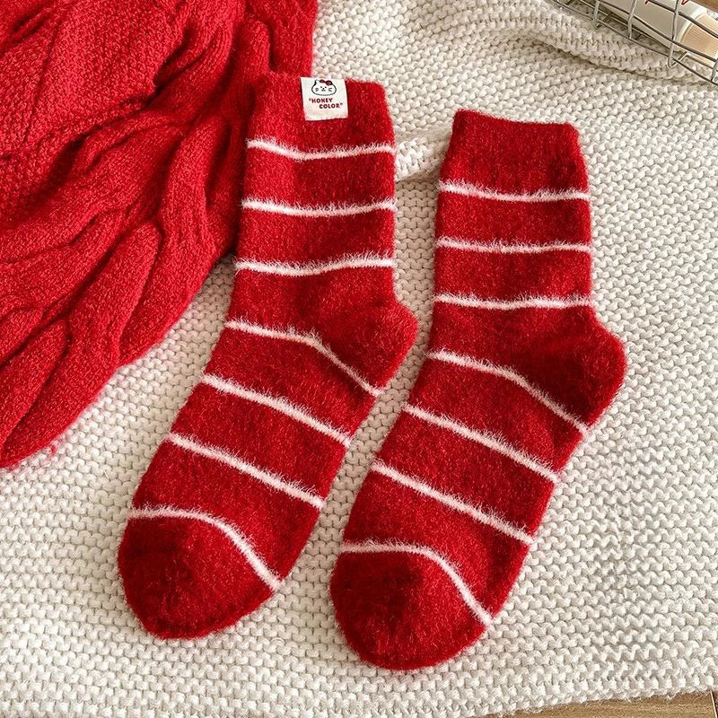 Red New Year Socks for Autumn and Winter Women Thick and Warm Midsole Snow Boots Plush Sleep Socks
