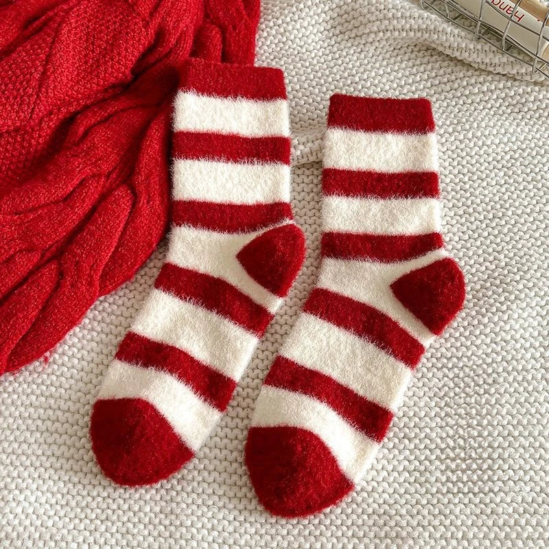 Red New Year Socks for Autumn and Winter Women Thick and Warm Midsole Snow Boots Plush Sleep Socks